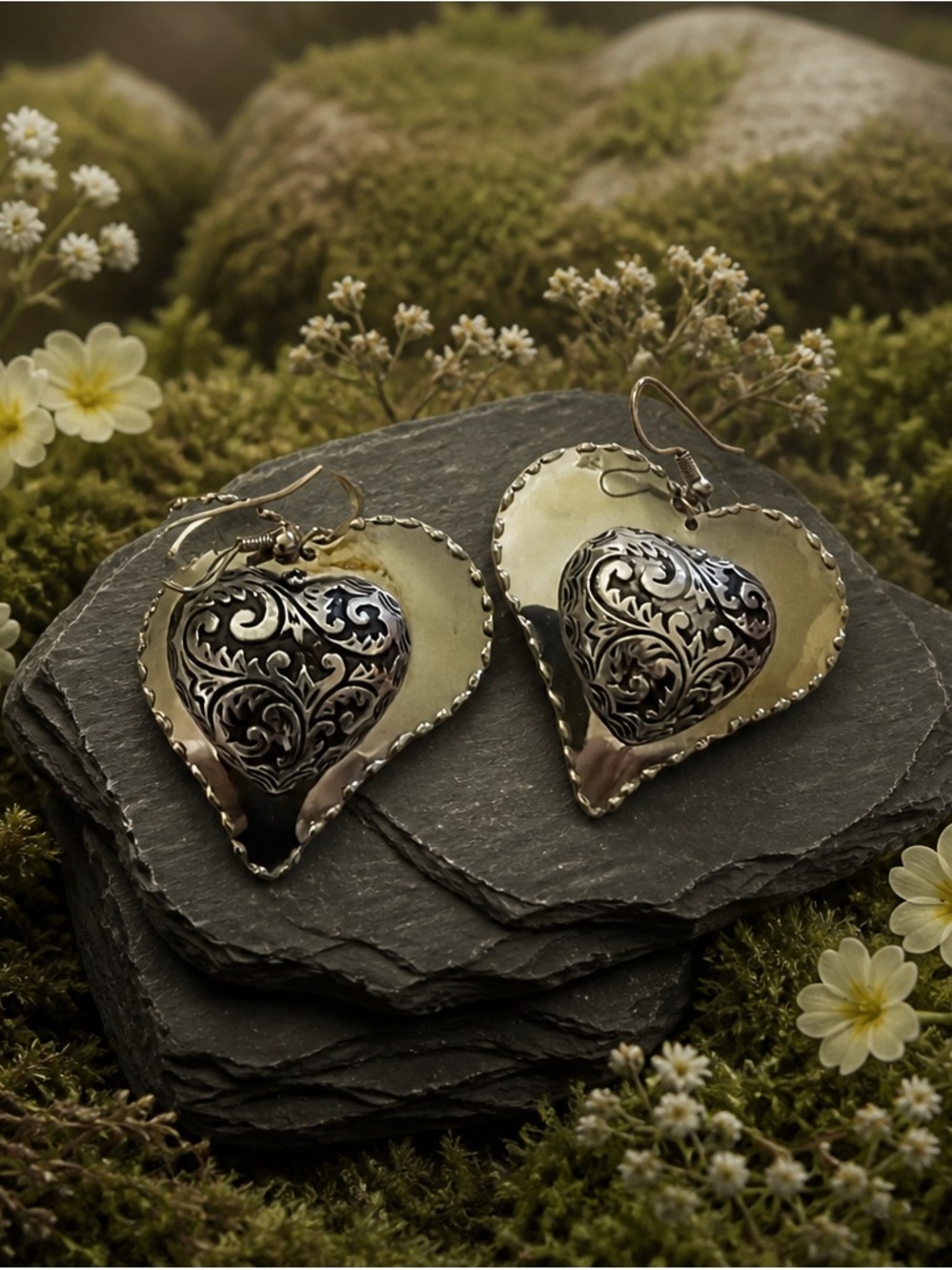 Vintage Ornate Western Silver Repousse Heart Dangle Hook Earrings ✨

✨